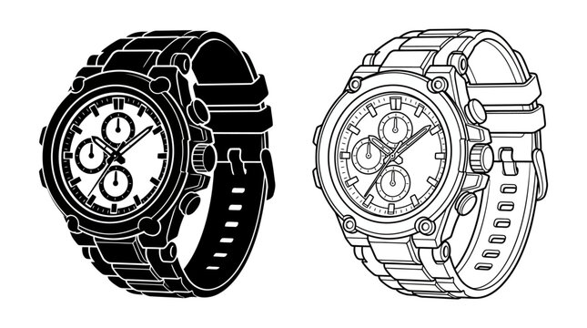 Wristwatch Line Art Illustration With Chronograph Black And White