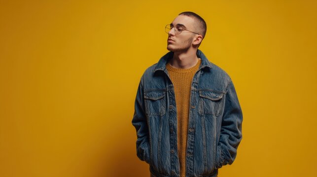 Young man wearing a indigo denim jacket layered over a caramel knit sweater, minimalist mustard background, modern retro streetwear with vintage
