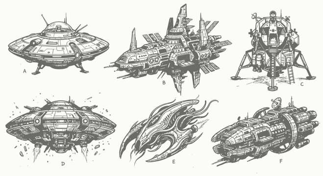 Collection of six unique hand-drawn UFO and alien spacecraft sketches featuring flying saucers, motherships, and lunar landers in detailed black line art on white background.
