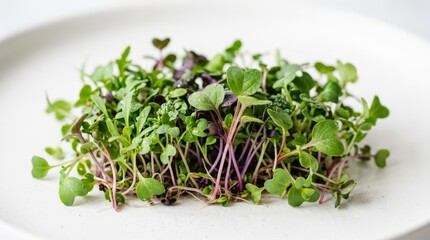 Fototapeta premium Fresh, vibrant microgreens piled high on a clean white plate, ready for healthy eating.