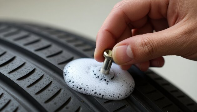 Fixing a flat tire by using a soap solution to detect air leaks in a vehicle tire