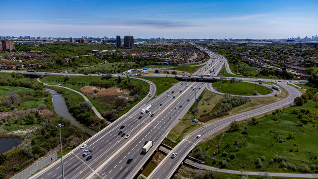 Aerial view of Highway 427 interchange in Ontario.