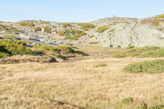 Rocky mountain landscape with dry grass and shrubs in Serra da Estrela, Portugal