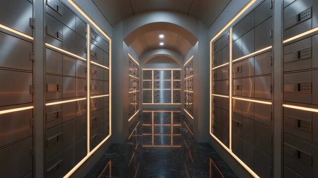 Medium shot of a secure corridor featuring highend safe deposit boxes illuminated by soft warm lighting creating an exclusive atmosphere.