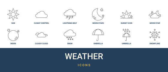 Set of 12 outline web Weather icons such as snowflake, umbrella, umbrella, snow, cloudy cloud, moon, moon and star vector icons for report, presentation, diagram, web design, mobile app © Mason