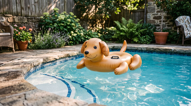 cute puppy shaped inflatable pool float floating in a backyard swimming pool