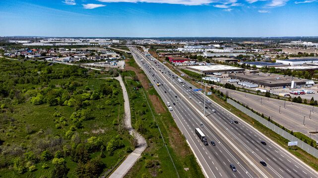 Aerial view of Highway 427 through industrial area.