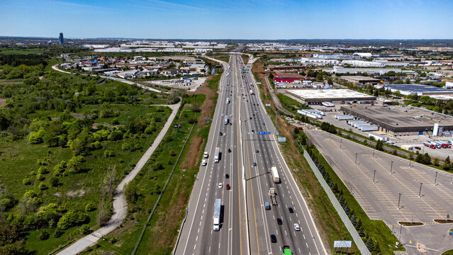 Aerial view of Highway 427 through industrial area.
