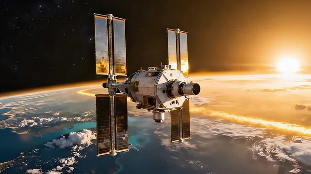 Space satellite orbiting Earth with sunrise view from space
