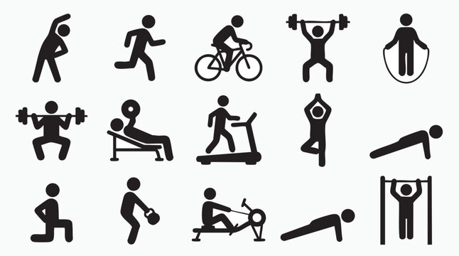 Fitness Icon Set Vector Illustration, People Exercise and Workout Silhouette Icons, Running Cycling Weightlifting Bench Press Treadmill Lunges Plank Rowing Machine Symbols for Sports and Healthy Lifes
