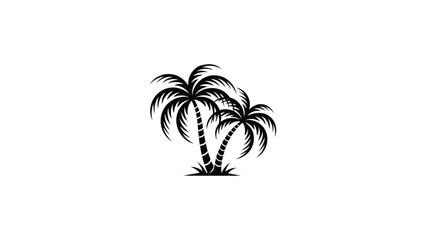 Minimalistic black silhouette of two tropical palm trees with curved trunks and arching fronds standing together on small ground patch, symbolizing beach, island, and relaxation themes © VectAmaze