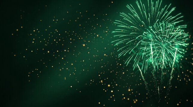 festive green fireworks display with golden sparkles on dark background