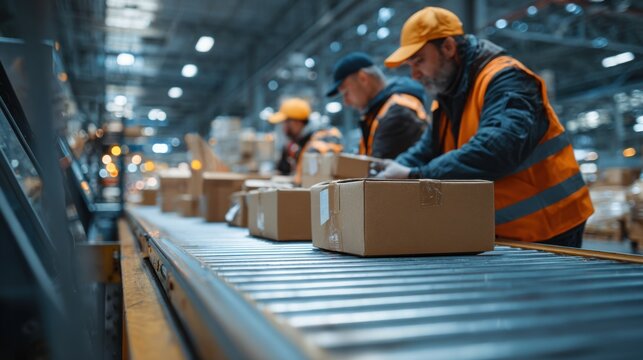 Warehouse workers sorting packages on a conveyor belt in a distribution center