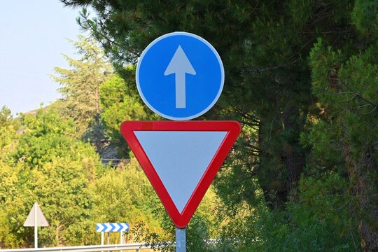 A combination of two road signs, a sign for mandatory straight ahead only and a sign Give way to vehicles with priority, located on a common pole at a road junction. July 15, 2026