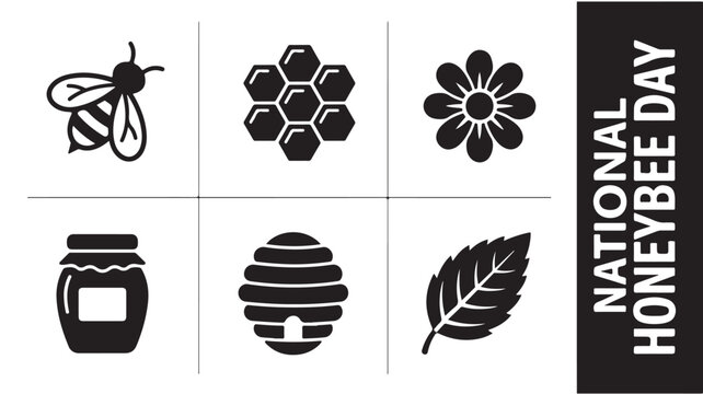 National Honeybee Day icons set with bee, honeycomb, flower, jar, hive and leaf on white background