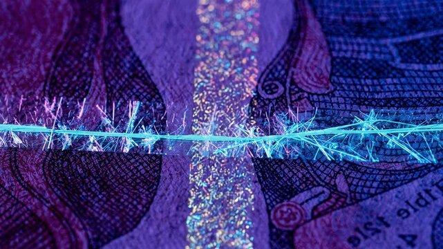 UV light reveals hidden security threads and fluorescent fibers on currency with the main elements clearly focused and background out of focus.