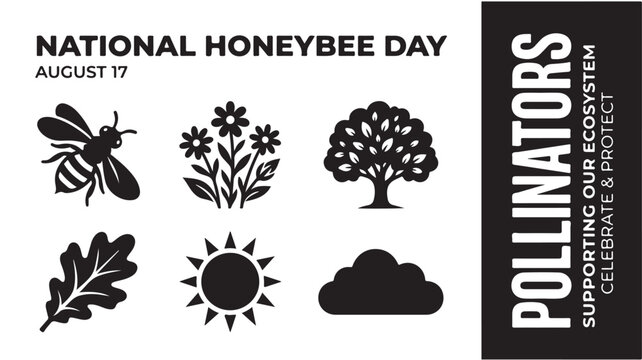 National Honeybee Day poster with bee, flowers, tree, leaf, sun, and cloud icons and pollinators text