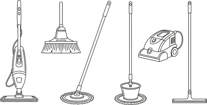 Collection of cleaning tools icons including a steam mop broom spin mop with bucket vacuum cleaner and floor squeegee isolated on white background