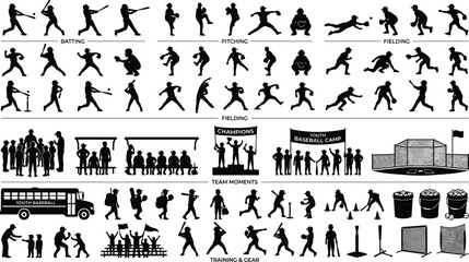Baseball player silhouette vector set featuring batting pitching fielding actions team training equipment bus bleachers coaches and fans icon mega collection. © Rakib