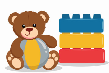 Fototapeta premium Charming plush teddy bear sitting with a colorful toy ball next to a tall tower of plastic building blocks.