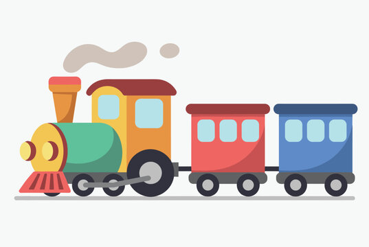 Cute toy train cartoon engine pulling a red passenger car and a blue cargo wagon in a simple flat graphic style.