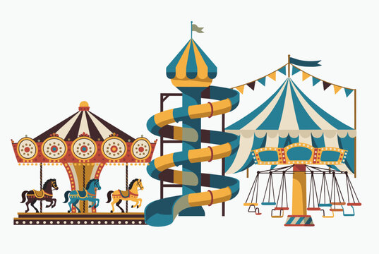 Fun amusement park attractions including a carousel with horses a spiral slide and a rotating swing chair ride.