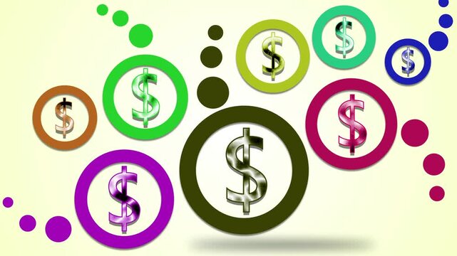 Colorful dollar signs inside circles background animation, Modern abstract finance concept for money savings investment and business themes