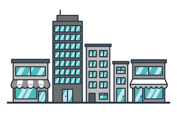 Fototapeta premium Flat vector illustration of a city street showing storefronts, cafes, and apartment buildings with big windows.