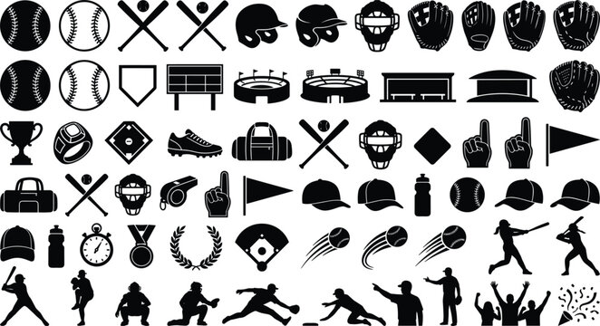 Baseball sports vector silhouette mega set featuring athletic equipment bats gloves helmets stadium scoreboard field players pitching batting and training elements.