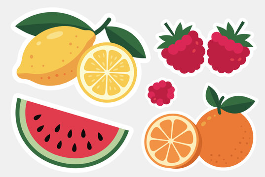 Set of colorful cartoon fruit stickers including a lemon, fresh raspberries, a slice of watermelon, and a whole orange.