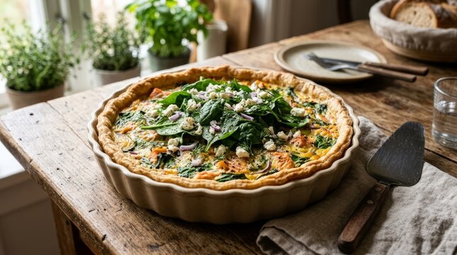 Delicious savory quiche topped with fresh greens and cheese, ready to serve on a rustic wooden table.