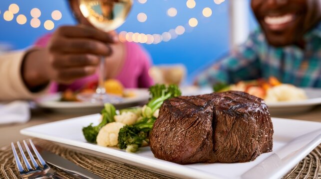 Premium filet mignon served during festive dinner with friends. Elegant dining experience featuring grilled beef and fresh vegetables