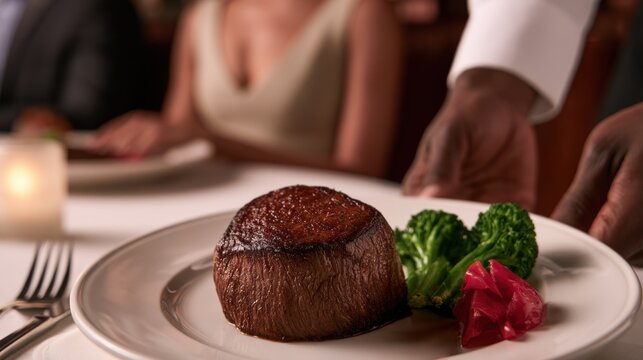 Professional waiter serving perfectly cooked filet mignon in upscale restaurant. Fine dining service and premium beef presentation