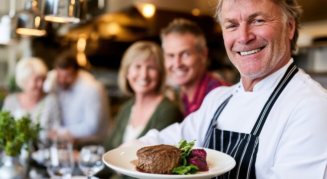 Portrait of smiling chef presenting premium filet mignon dish in upscale restaurant. Professional culinary service with satisfied diners in background