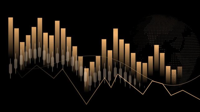 Financial chart with candlestick bars line graph and glowing globe on a grid background animation, Business market analysis and global business data