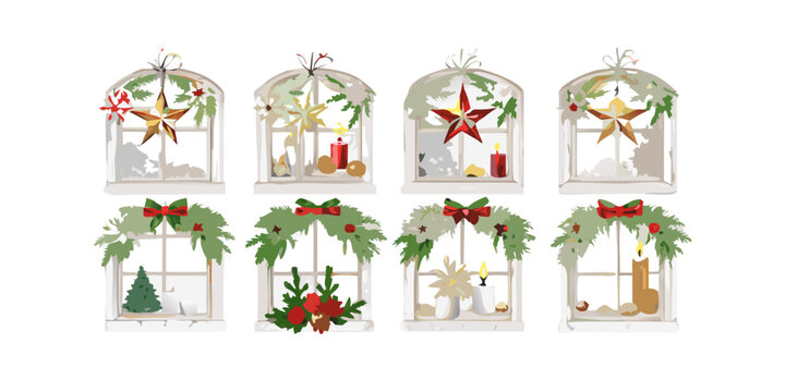 Set of Festive Winter Window Frames with Christmas Decorations