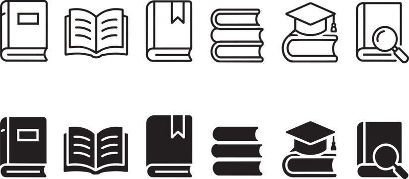 Minimalist book icons set, 12 education and library vector symbols, black line and solid glyph book illustrations for school and study apps