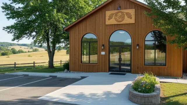 Rural credit union facade in a medium shot emphasizing welcoming signage a small parking area and accessible entryway framed by natural landscape with the countryside gently