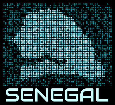 Senegal digital dotted map. Shape of the country in cyan color palette on dark background. Futuristic Senegal map design. Vector illustration.
