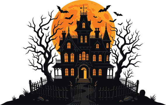 Spooky halloween day haunted house illustration with bats and full moon vector graphic