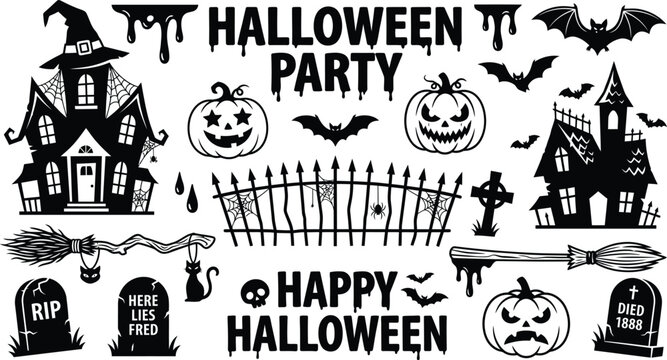 Spooky halloween day haunted houses black and white vector illustration for creepy decorations