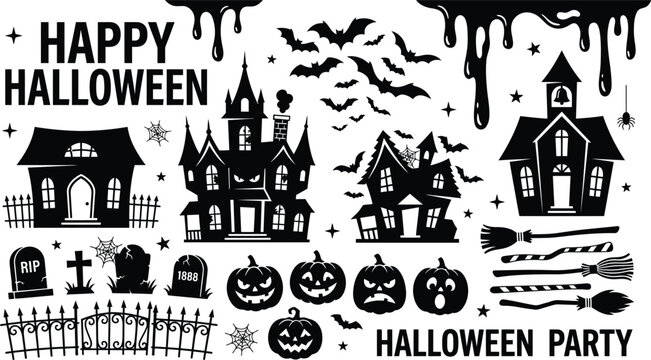 Spooky halloween day haunted houses black and white vector illustration for creepy decorations