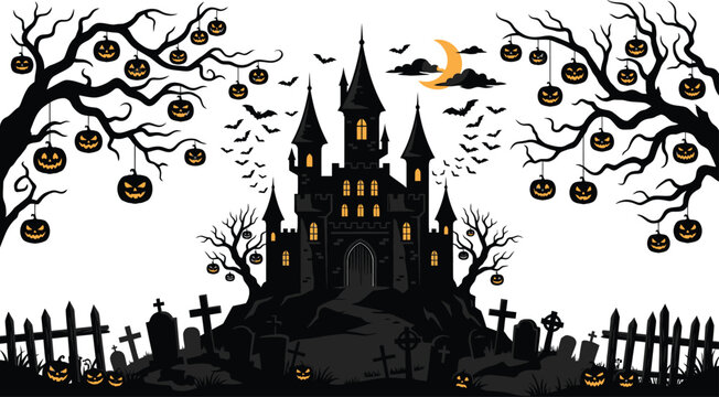 Spooky halloween day haunted house silhouette perfect for festive decorations party supplies