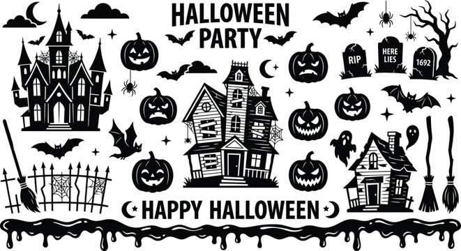 Spooky halloween day collection haunted houses jack o' lanterns and creepy decorations
