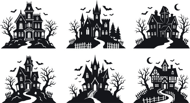 Spooky halloween day haunted house illustration with bats and pumpkin jack o' lanterns