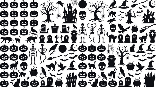 Spooky halloween day collection jack o' lanterns skeletons ghosts witch elements for festive designs