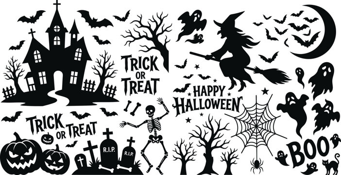 Spooky halloween day silhouettes witch haunted house ghosts pumpkin decorations for festive celebrations