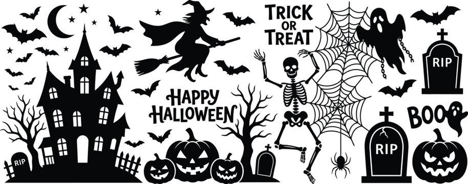 Spooky halloween day decorations witch skeletons pumpkins and haunted house vector illustration