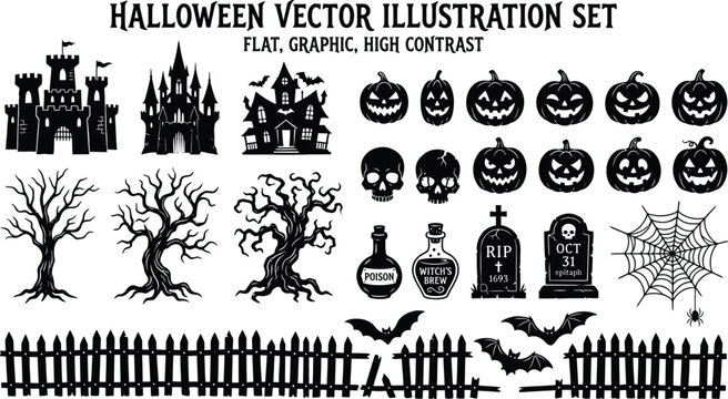 Spooky halloween day vector set castles pumpkins bats creepy elements for designs
