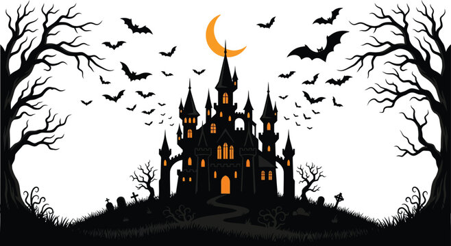 Spooky halloween day castle illustration bats crescent moon and graveyard scene
